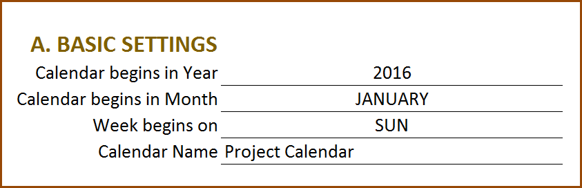 Event Calendar Maker Excel Template - Basic Settings