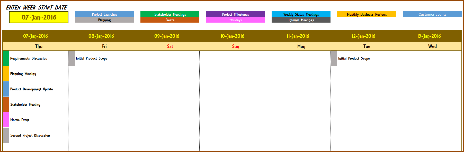 Event Calendar Maker – Excel Template – Weekly with Events Design