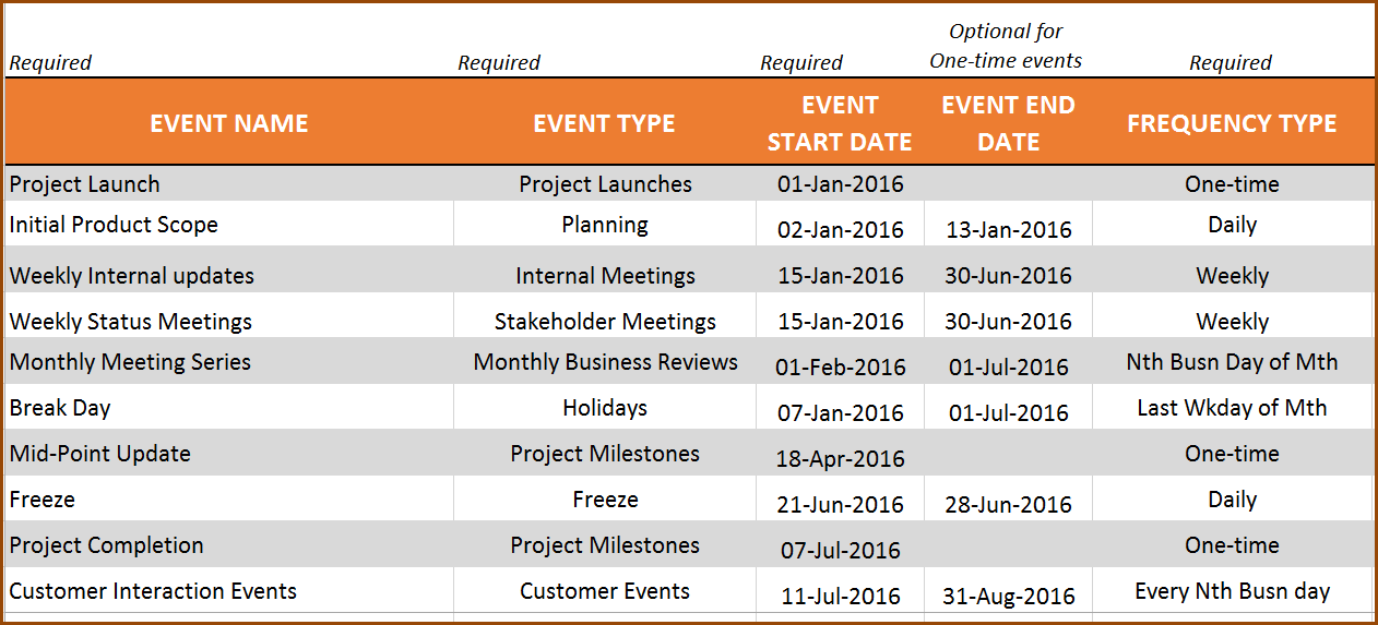 Event Calendar Maker – Excel Template – Events Entry