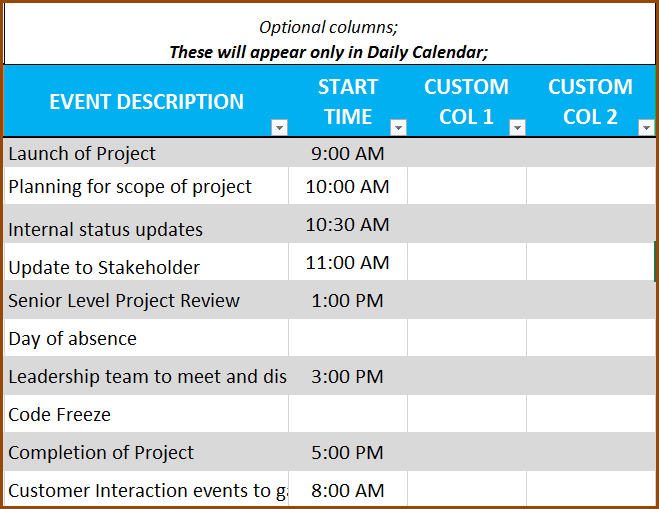 Event Calendar Maker – Excel Template – Event Description, Start Time and Custom Columns