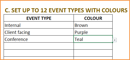 Event Calendar Maker Excel Template - Event types