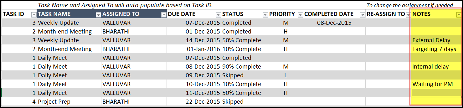 Task Manager (Advanced) Excel Template - Update Tasks - Adding Notes