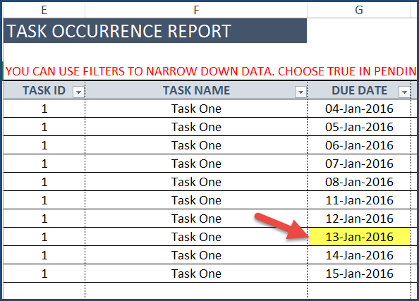 Task Manager (Advanced) - Excel Template - Task Occurrence Report (before)
