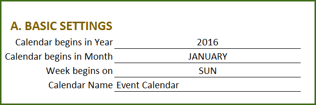 Event Calendar Maker - Excel Template - Basic Settings