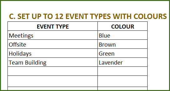 Event Calendar Maker - Excel Template - Event Types