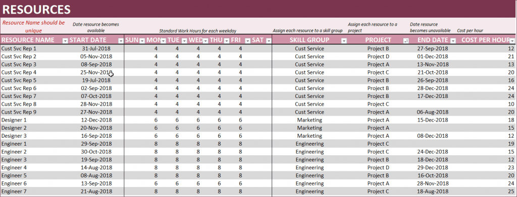 Resources Data - Standard Availability and Assignment to Project and Skill Group