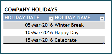 Project Manager Excel Template - Settings - Holidays