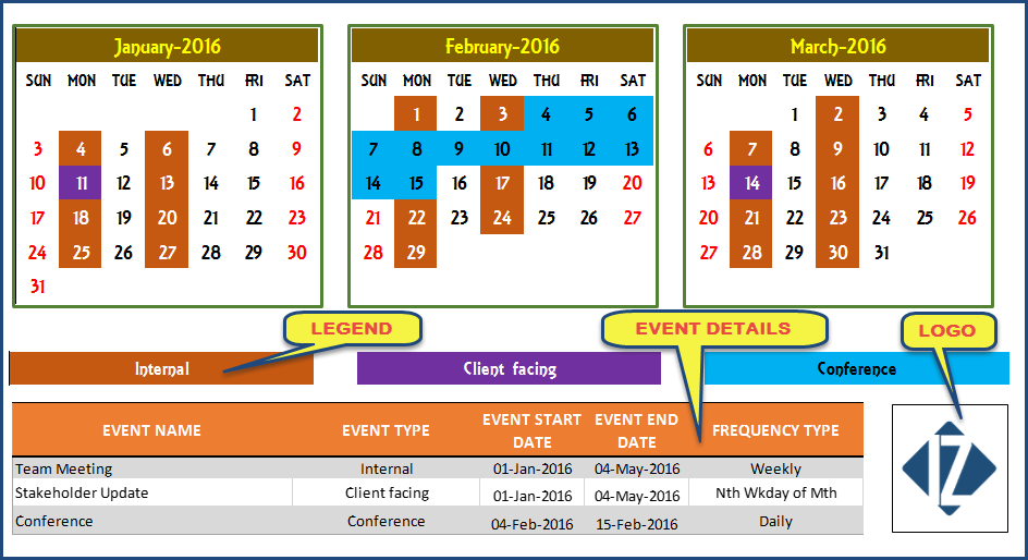 Add Legend, Logo and Event Details to Calendar Layout