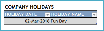 Input - Company Holidays
