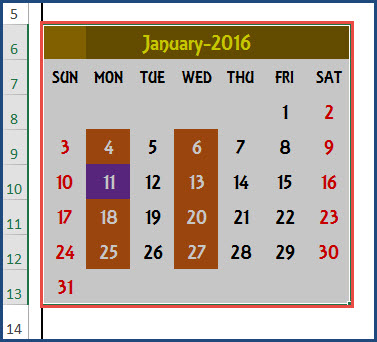 Select a Month's Cells - Yearly Calendar Design