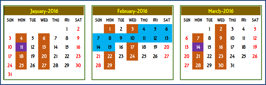 Three Months Aligned Calendar Layout