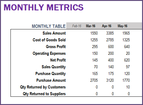 Report - Monthly Metrics Table