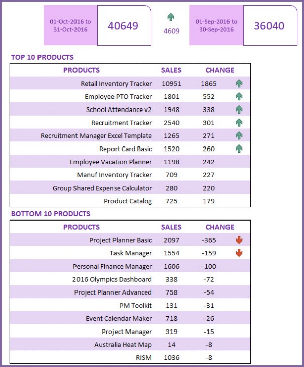 Sales Report Excel Template - Top 10 & Bottom 10 Products by Sales