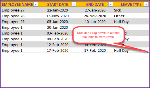 Click on the end of table and drag down to extend table to more rows