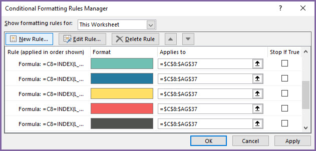 Conditional Formatting rules for the 5 leave types