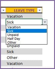 Leave Type - Drop down options for data entry