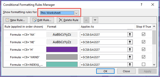 Select 'This Worksheet' to see conditional formatting rules used in the sheet