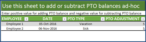 Adjustments Table to add or subtract pto balances