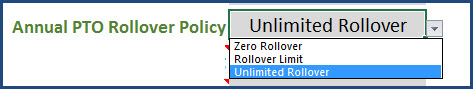 Annual PTO Rollover Policy Setting - Options - Zero Rollover, Rollover Limit, Unlimited Rollover