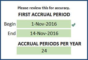 First Accrual Period Window and Accrual Periods per year for review - Twice A Month