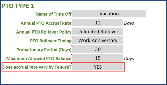 PTO Accrual rate varies by Tenure Setting