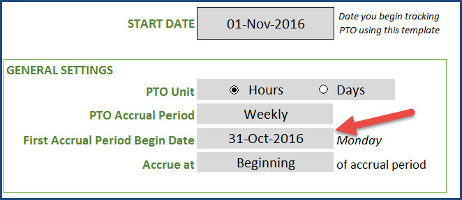 PTO Manager Excel Template - Settings - First Accrual Period Begin Day