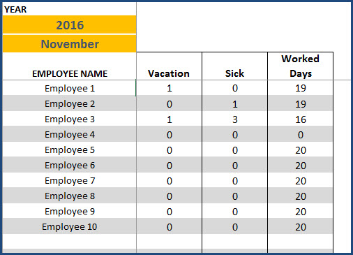 Paid Time Off Calendar - Sample - Employees paid time off - month totals
