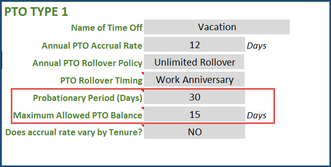 Probationary Period and Max PTO Balance Settings in PTO Policy