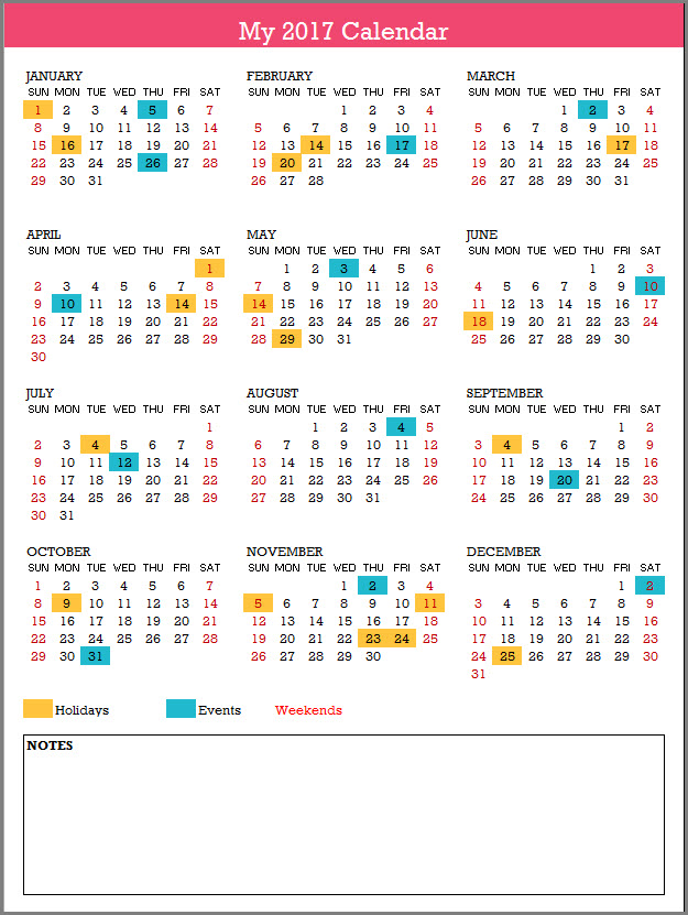 2017 Calendar Design 1 - 1 Page 12 Months - 4 X 3