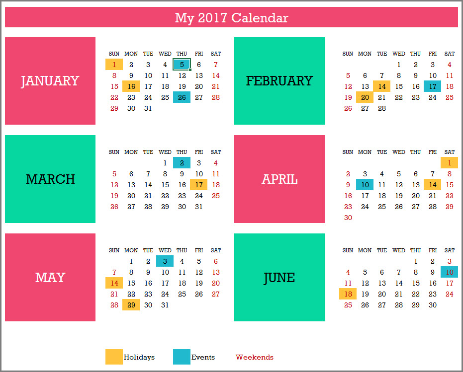 2017 Calendar Design 13 - 2 Pages - 6 Months on each page