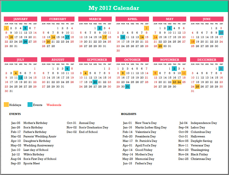 2017 Calendar Design 3 - 1 Page 12 Months - 2 X 6 with Events