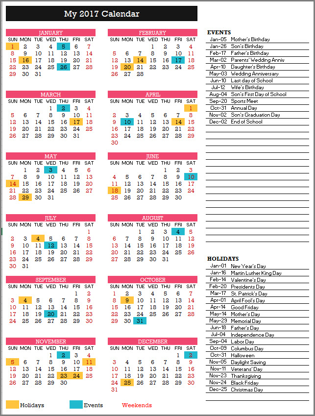 2017 Calendar Design 4 - 1 Page 12 Months - 6 X 2 with Events