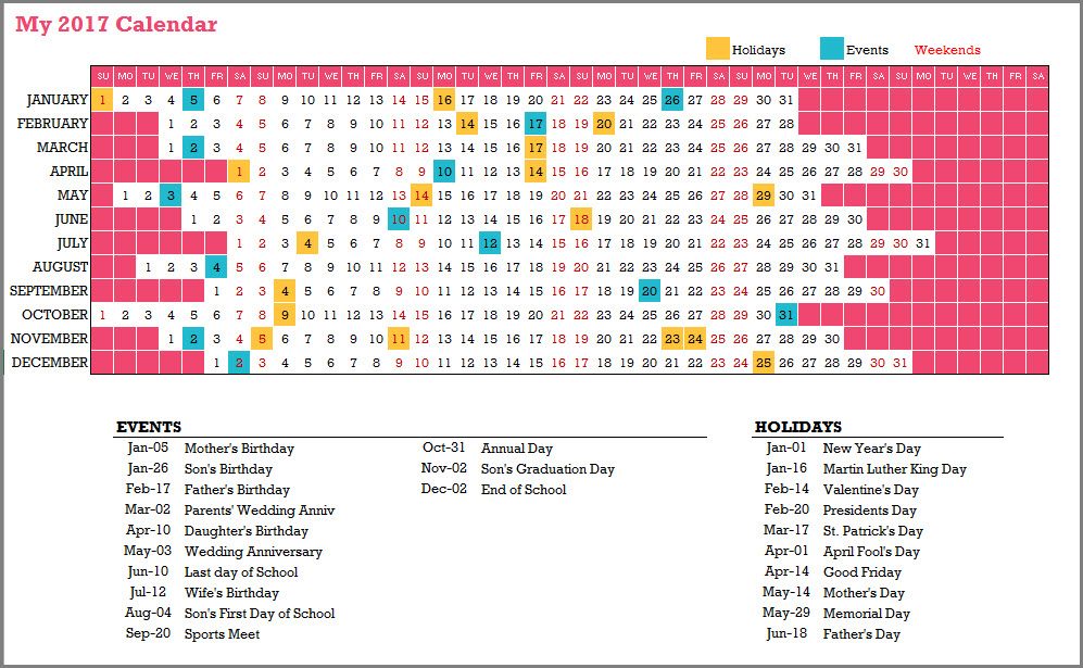 2017 Calendar Design 5 - 1 Page 12 Months - 12 X 42 with Events