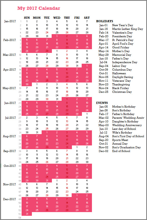 2017 Calendar Design 8 - 1 Page - 54 Weeks - with Events