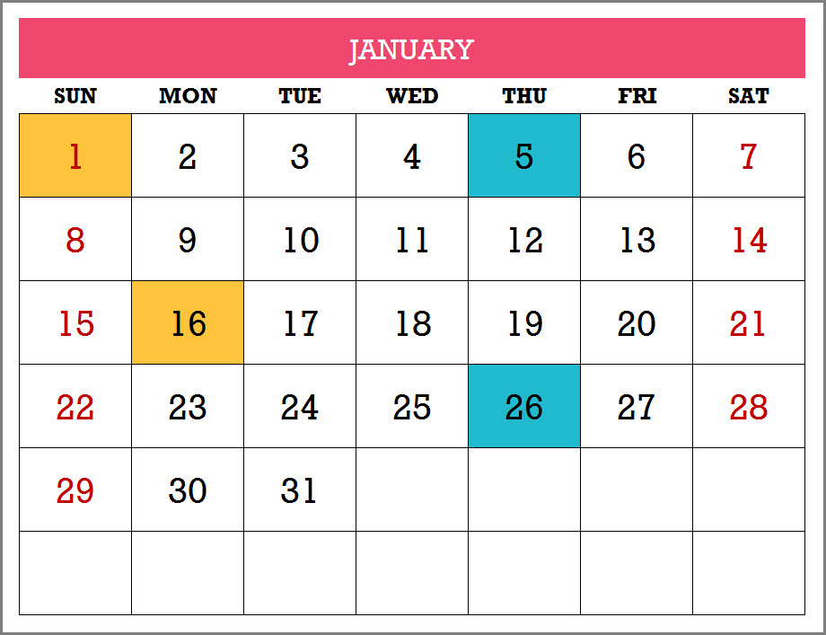 Sample Calendar Template from indzara.com