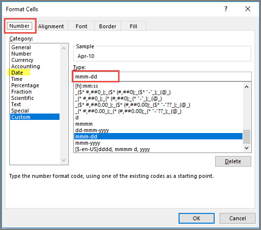 Change date formats using Format cells option