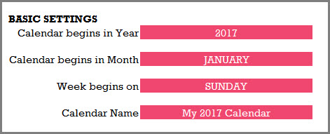 Enter Basic Settings for 2017 Calendar Year Month Week Begin Day and Name