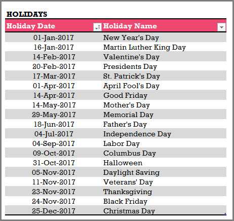 Enter Holidays with dates and names for Calendar