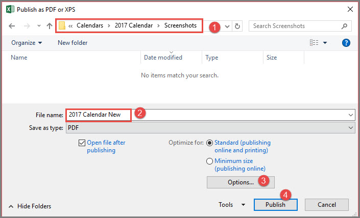 Publish Calendars as PDF options