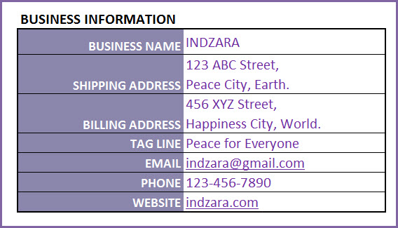 Enter business information such as addresses and phone number