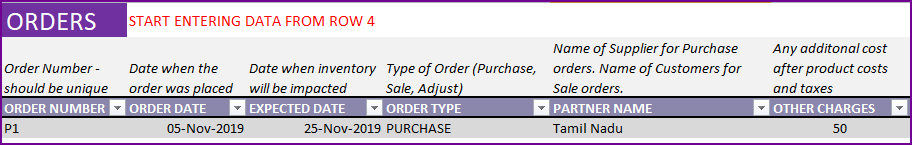 Entering a purchase order in Order Headers sheet