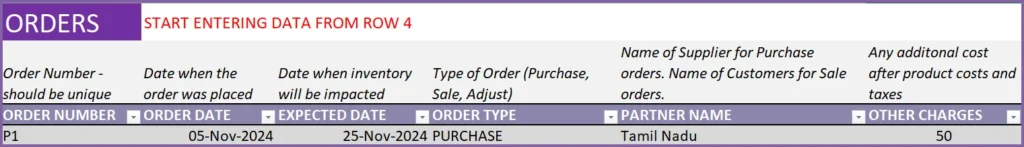 Entering a purchase order in Order Headers sheet