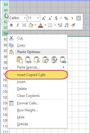 Insert Copied cells in Rows 55 to 94