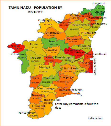 Tamil Nadu District Heat Map - Excel Template - Gradient - Names and Data Values