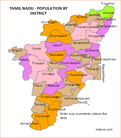 Tamil Nadu Population by District -Heat Map - Excel Template - Color Range