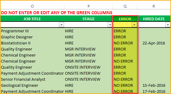 Error column in Applications sheet