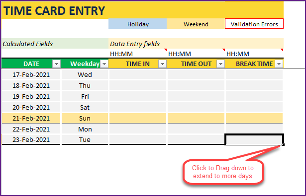 Extending timesheets for more days