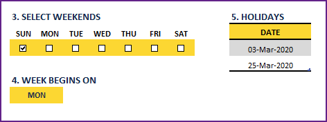 Settings – Select Weekend Days Start Day of Week and Holidays