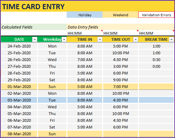 Time Card Entry in the Timesheet Excel template