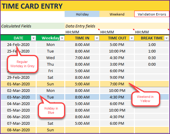 Time Card Entry in the Timesheet Excel template – Illustrated